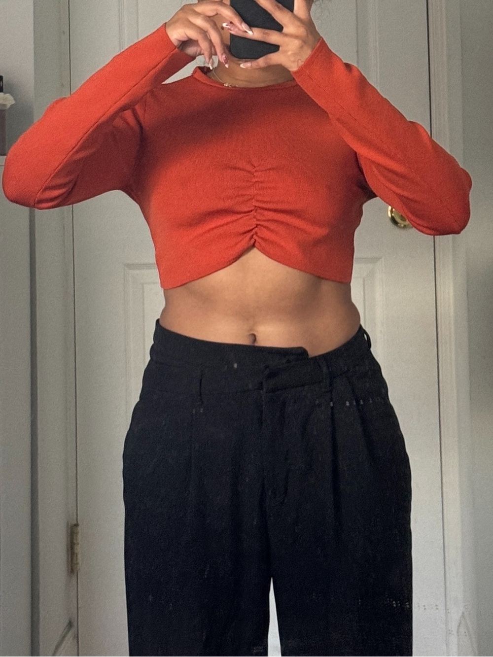Zara Women’s Long Sleeve Ruched Crop Top - Rust Orange